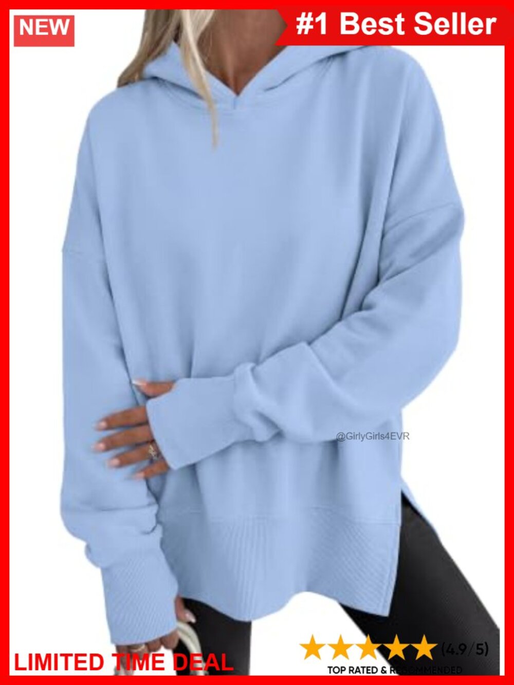 Oversized Brushed Fleece Hoodie with Thumbholes and Side Slit